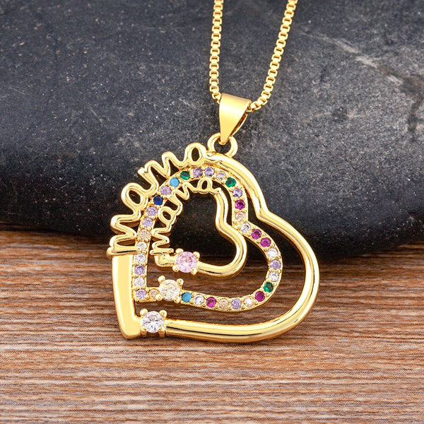 Luxury Zircon Three-Layer Heart Shape Inlaid Mama Letter Color Crystal Pendant Gold Necklace