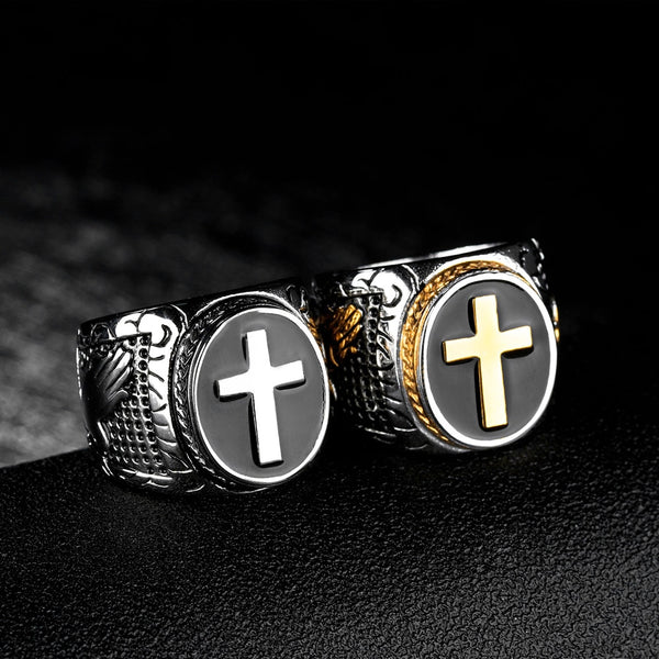 Vintage Stainless Steel Cross Ring Men Gold Color Punk Hip Hop Christian Biker Signet Ring