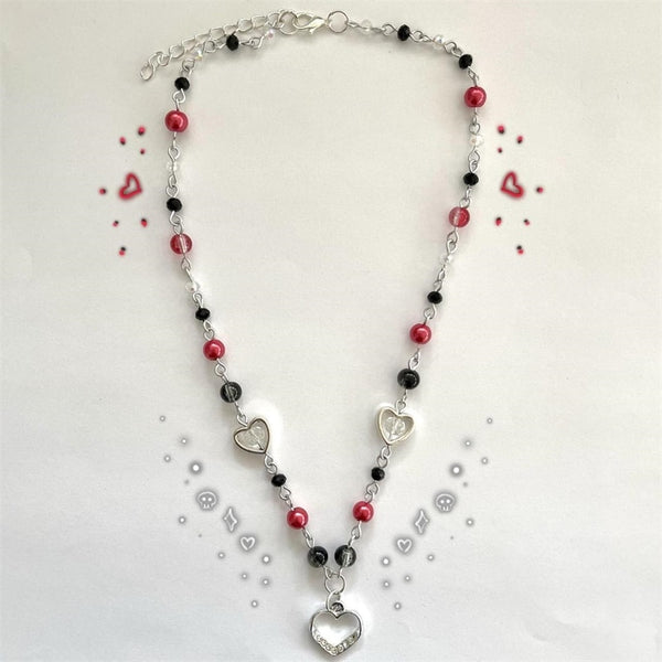 handmade red and black glass pearl beads and crackle beads rosary style necklace