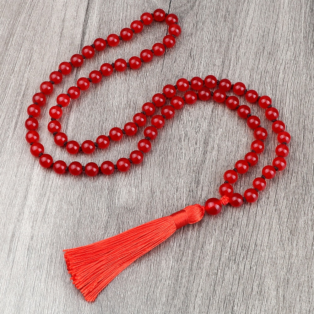 8mm Natural Red Stone Beaded Mala Necklaces Handmade Knotted Elastic Necklace Women Men