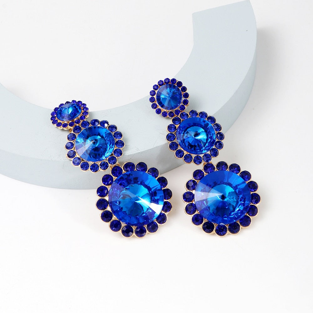 New Luxury Blue Rhinestone Dangle Earrings Statement Long Pendant Round Earrings For Women