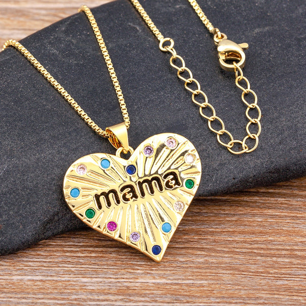 Top Zircon Heart Shape Inlaid Mama Letter Rainbow Rhinestone Pendant Necklace Women