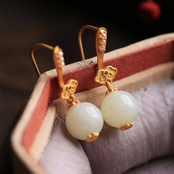 Original Ruyi natural Hotan Jade beads earrings for women