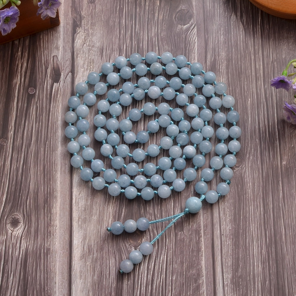 8mm Aquamarine Beaded Knot 108 Mala Necklace