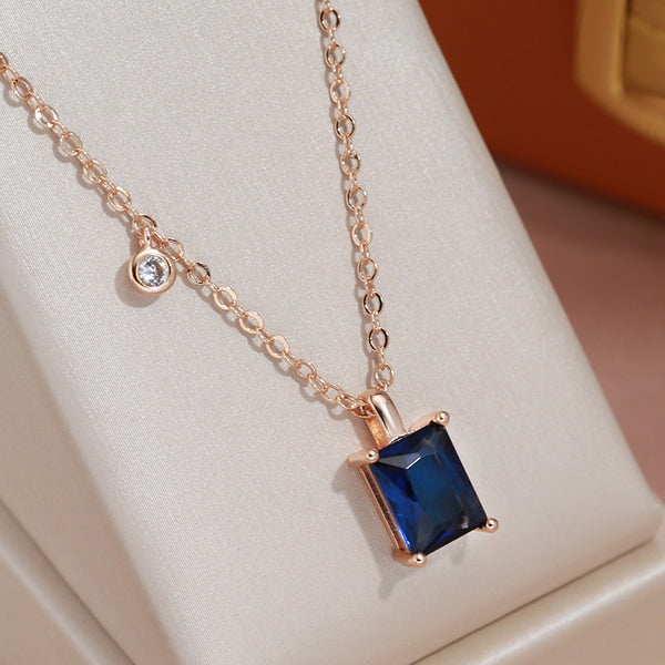 Simple Square Cut Blue Zircon 585 Gold Color Pendant Necklace