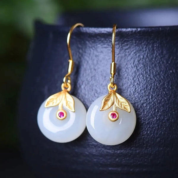 Silver natural Hetian white jade pith ring earrings