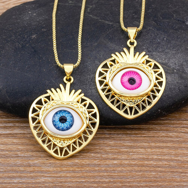 Charm Heart-Shape Inlaid Turkish Evil Eye Gold Plated Pendant Necklace Women