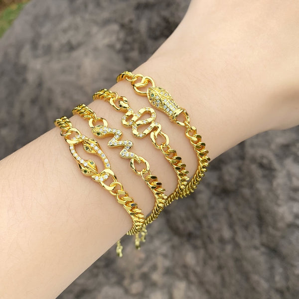 Gold Plated Cuban Link Chain Bracelets for Women CZ Rhinestone Snake Bracelets