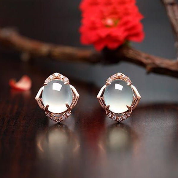 Original design silver diamond rose gold natural chalcedony oval earrings for women