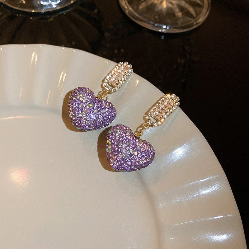 Sweet Purple Love Heart Crystal Dangle Earrings Women Shine Rhinestone Earrings