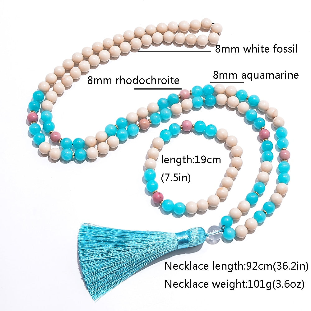 8mm White Fossil Aquamarine Beads108 Mala Necklace Bracelet Japamala Set