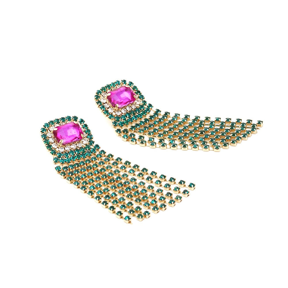 New Long Tassel Metal Green Rhinestone Earring For Women