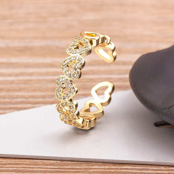 Classic Heart Shape Hollow Splicing Inlaid Crystal Zircon Opening Adjustable Ring Women