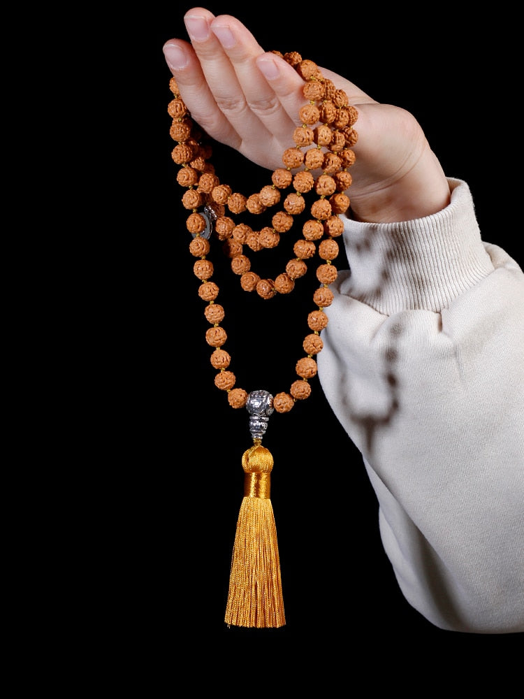 9mm Rudraksha Beaded Knotted Japamala Necklace WithTassel