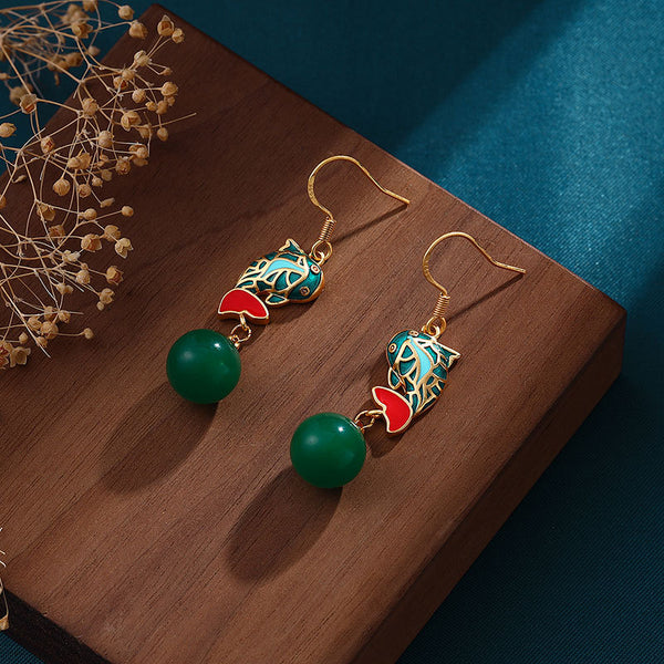 New in fish-shaped enamel inlaid with natural green chalcedony beads earings for women