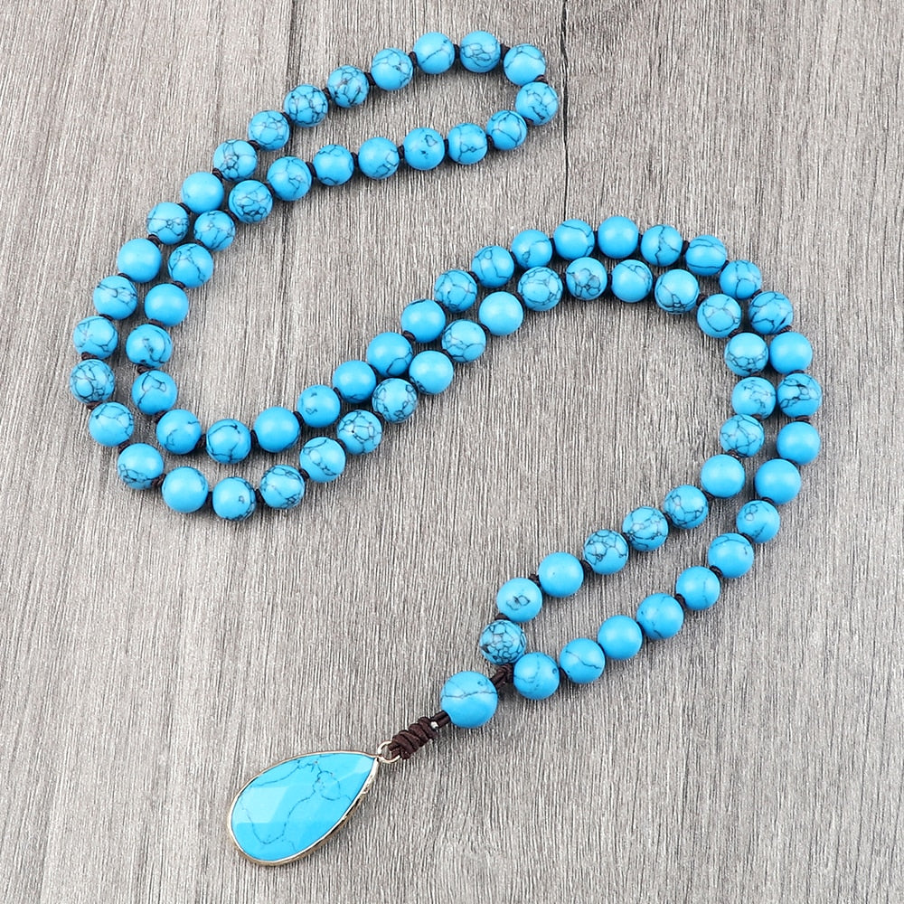 8mm Natural Blue Howlite Stone Beaded Necklaces For Women Bohomia Pendant Japamala Necklaces