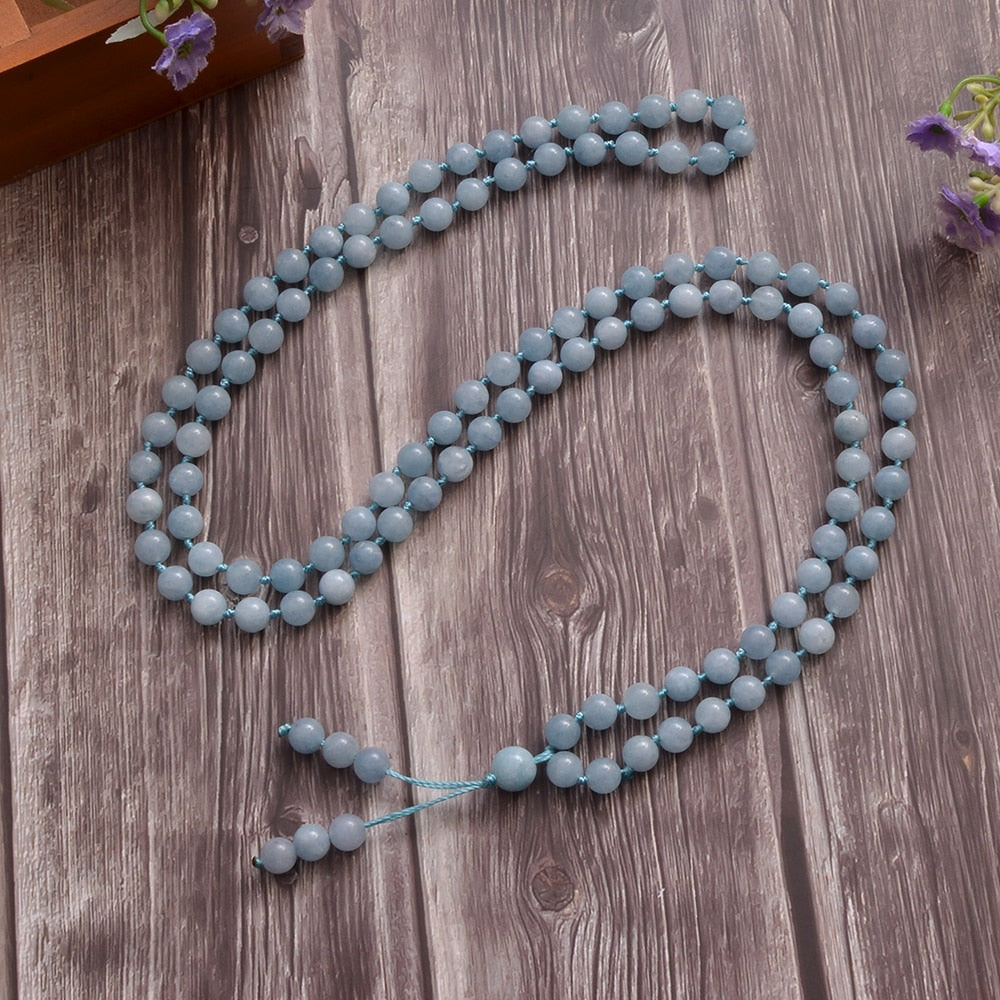 8mm Aquamarine Beaded Knot 108 Mala Necklace