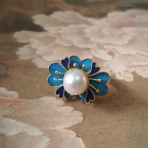 Original craft enamel porcelain pearl flower ring