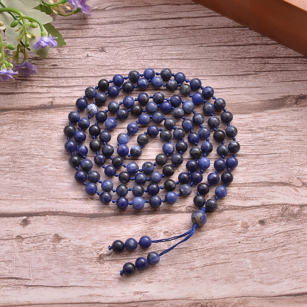 8mm Sodalite Beaded Knot 108 Mala Prayer Bead Necklace