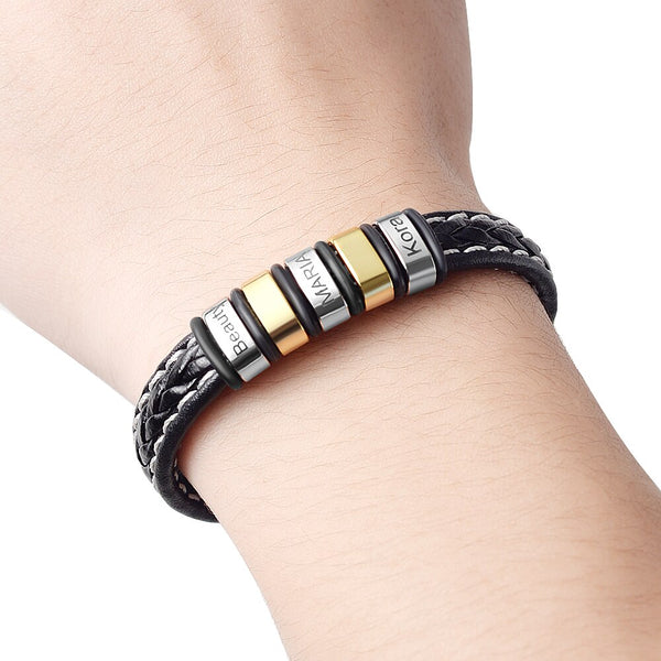 Man Bracelets Personalized Black Leather Engraved Symbol Stainless Steel Beads Magnetic Clasp Bangles Gifts