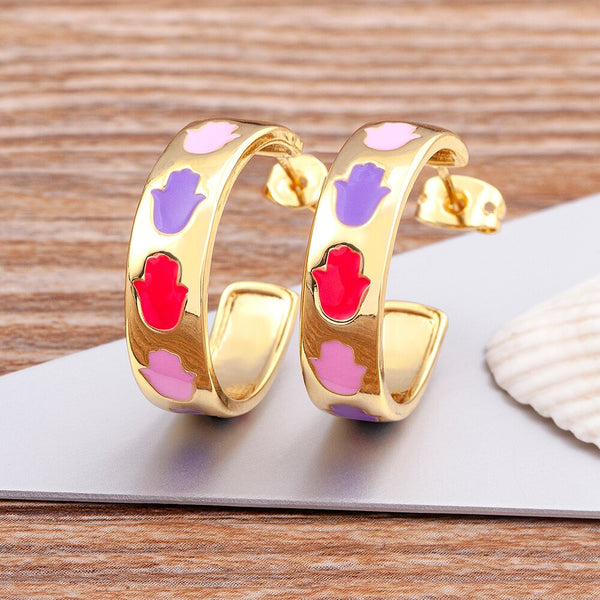 Classic Design Colorful Dripping Oil Palm Heart Satr Shaped Earrings For Women