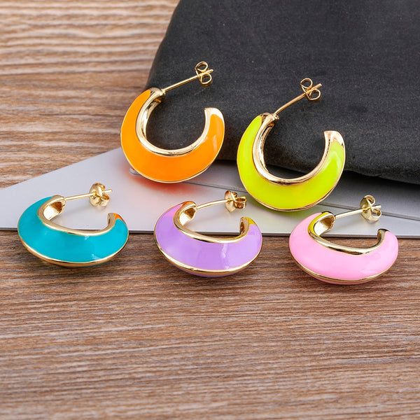 New Luxury Enamel Oil Dripping Moon Shaped Gold Plated Earrings