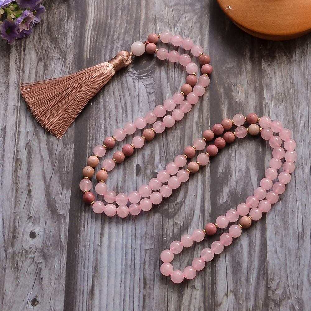 8mm Rhododenite Rose Quartz Beaded 108 Mala Necklace Meditation Yoga Prayer Jewelry with Bracelet