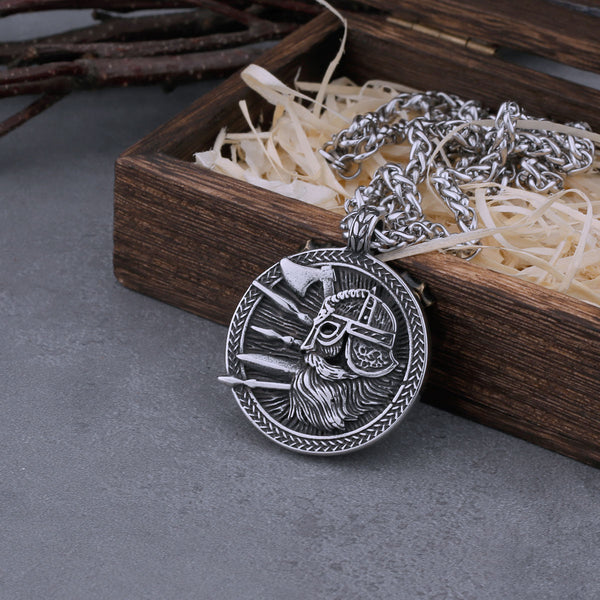 Vintage Viking Warrior and Axe with Tree of Life Necklace Men's Spartan Hip Hop Stainless Steel Pendant