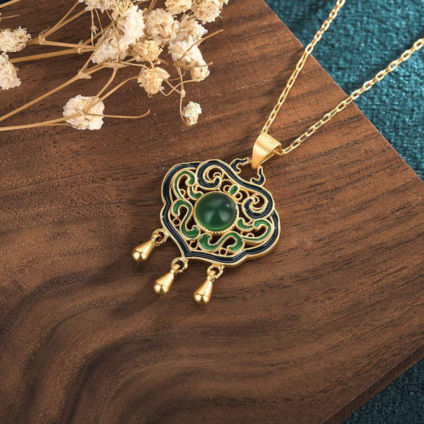 Classic Silver Inlaid Natural Chrysoprase Vintage Court Style Enamel Ruyi Necklace