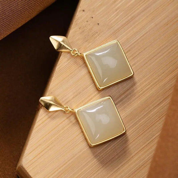 Creative silver inlaid natural Hetian white chalcedony geometric block earrings