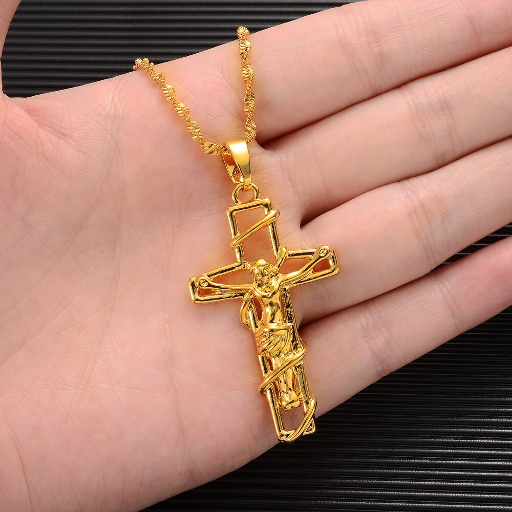 24k Fashion Big Cross Jesus Twisted Wave Necklace for Men