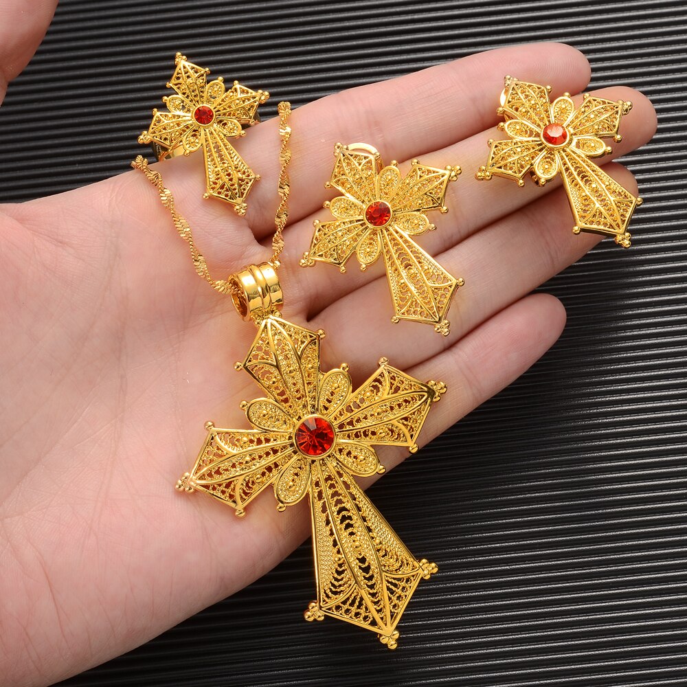 24k Ethiopian Traditiona Cross Jewelry Set Necklace Earrings Ring Ethiopia Gold Eritrea Sets