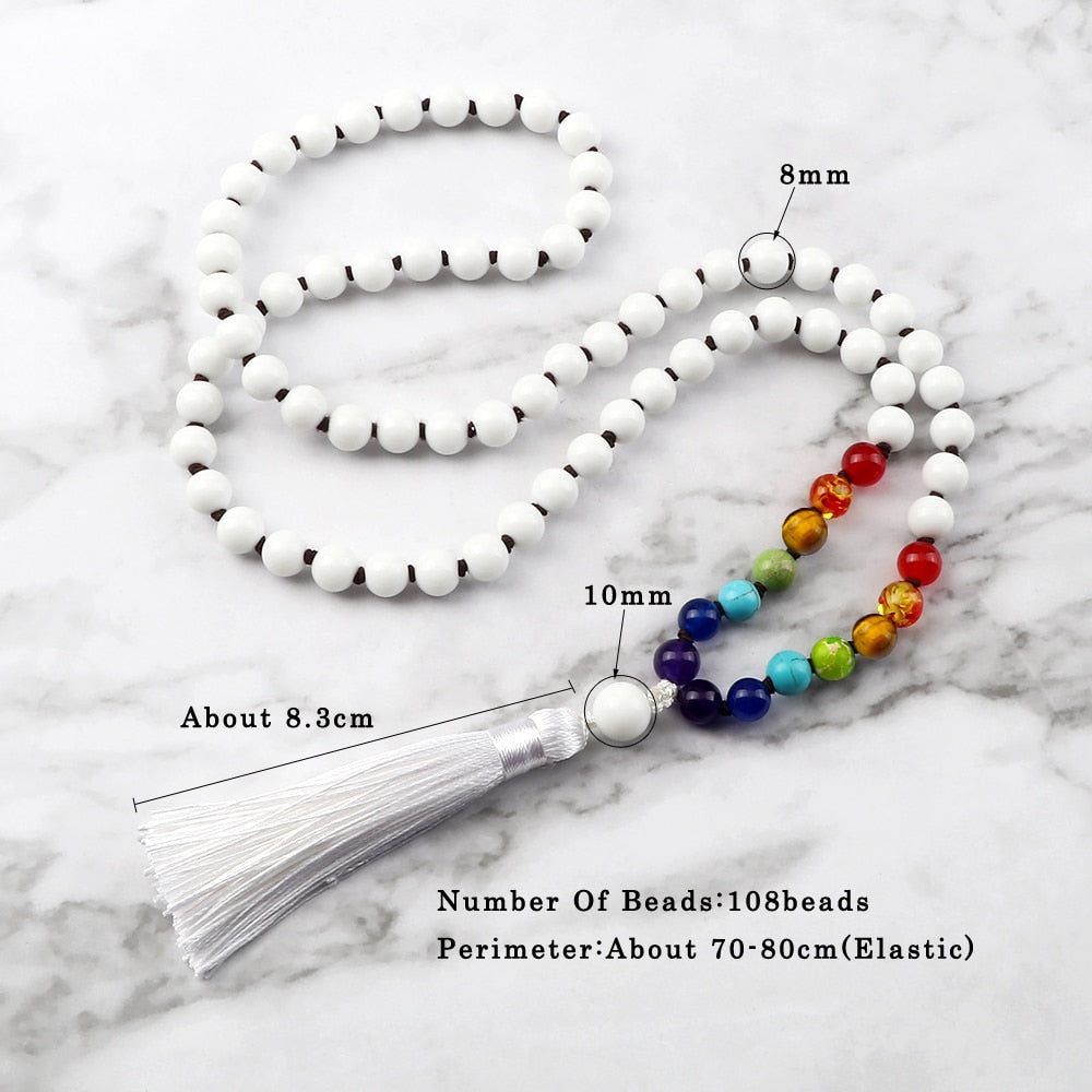 Women Bright White Color Beads Chakra Stretch Necklace