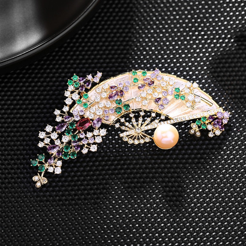 Copper Micro Inlaid Cubic Zirconia Elegant Retro Chinese Fan Brooch