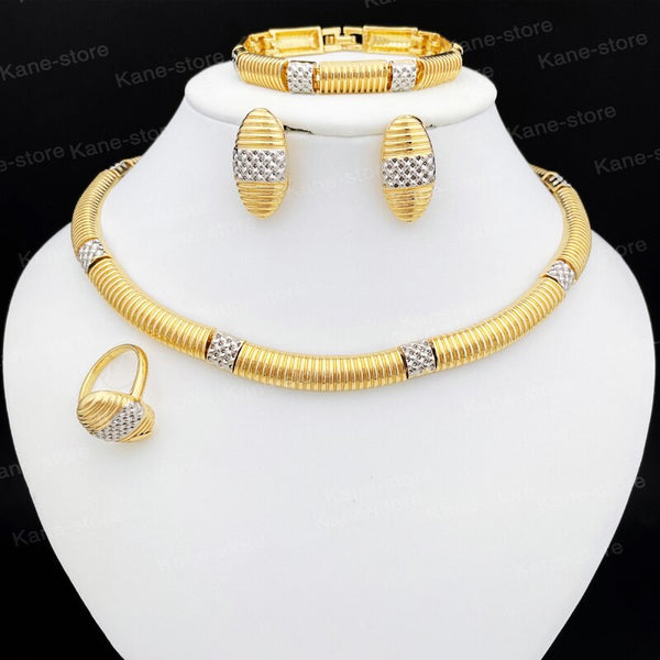 Cuban Style Necklace Earrings Big Bracelet  African Gold Plated Jewelry Sets