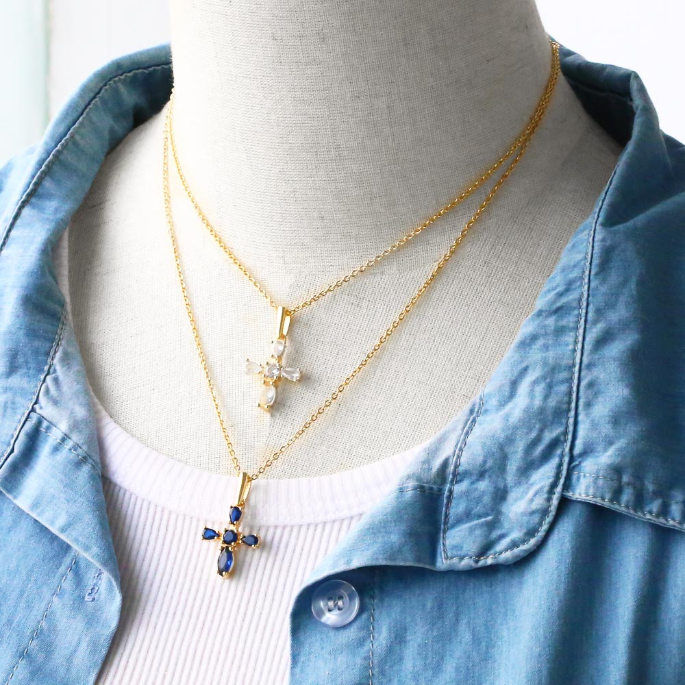 Small Green Crystal Cross Necklace for Women Copper CZ Rhinestone Short Chain Necklaces