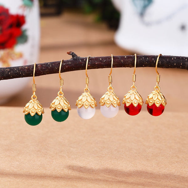 Classic Design New Ancient Gold Craft Inlaid Natural Hotan Jade Beads earrings for women