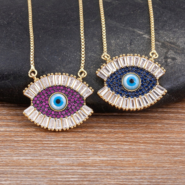 Top Quality Zircon Bohemian Evil Eye Inlaid Rainbow Rhinestone Pendant Necklace Women