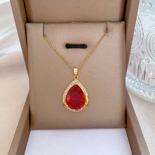 New Red Big Gem Pendant Necklace For Women Clavicle Chain