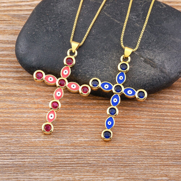 Zircon Cross Necklace Gold Plated 5 Colors Evil Eye Female Pendant