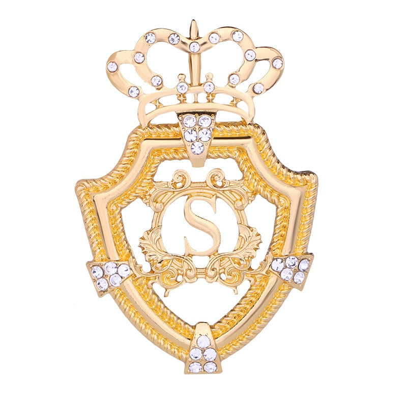 New Metal Crystal Crown Brooch English Letter Gold Silver Color Lapel Pins Men