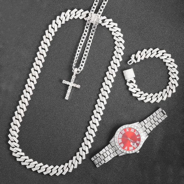 16MM Men Iced Out Prong Cuban Link Chain Necklace+Watch+Bracelet