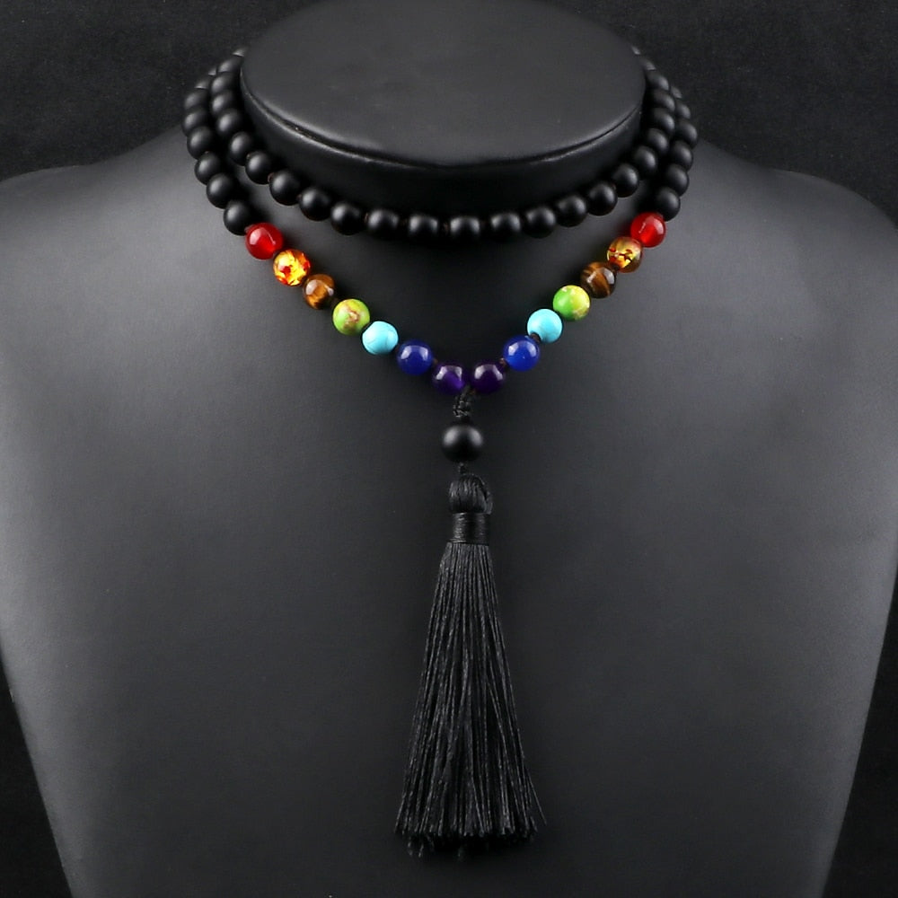 Men Black Beads Prayer Necklaces Women 108 Mala Natural Stone Beaded Stretch Necklaces