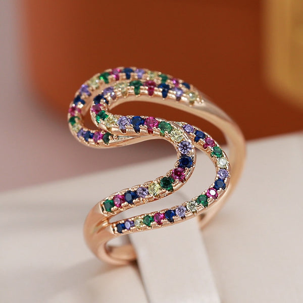 Full Rainbow Color Zircon S-shaped 585 Gold Color Rings for Women