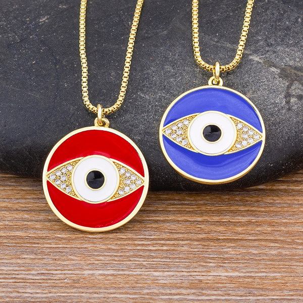 Hot Selling 2 Colors Enamel Drop Oil Round Inlaid Exquisite Boho Evil Eye Zircon Necklace