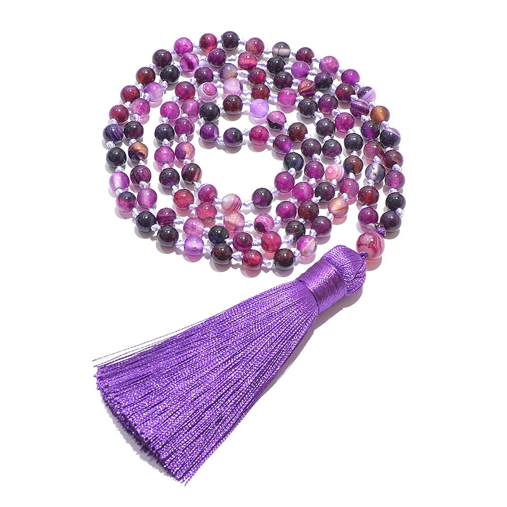 6mm Purple Striped Agate Beads Knotted 108 Mala Necklace