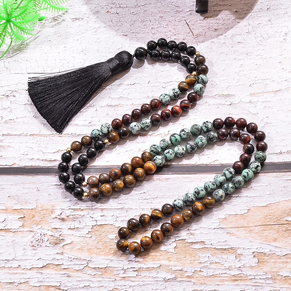 8mm African Turquoise Tiger Eye Stone Black Onyx Beaded 108 Mala Necklace Bracelet Set