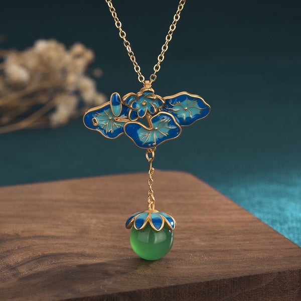 retro lotus leaf enamel porcelain chain natural chrysoprase round bead pendant necklace