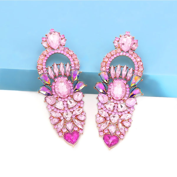 New Pink Rhinestone Statement Earring Crystal Big Drop Dangle Earrings