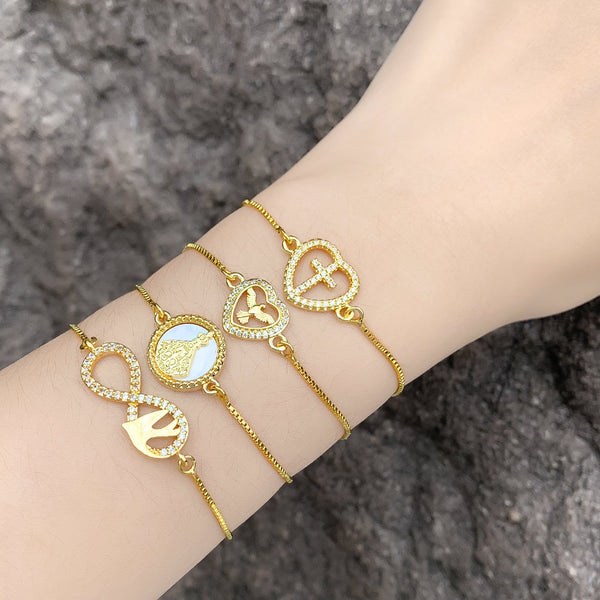 Simple Gold Plated Cross Bracelets for Women Copper Cz Rhinestone Virgin Mary Bracelets